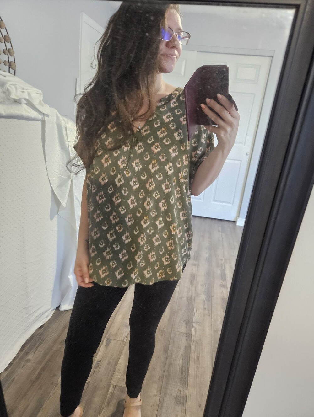 Maurices Olive Ikat Print V-Neck Blouse with Pink Accents